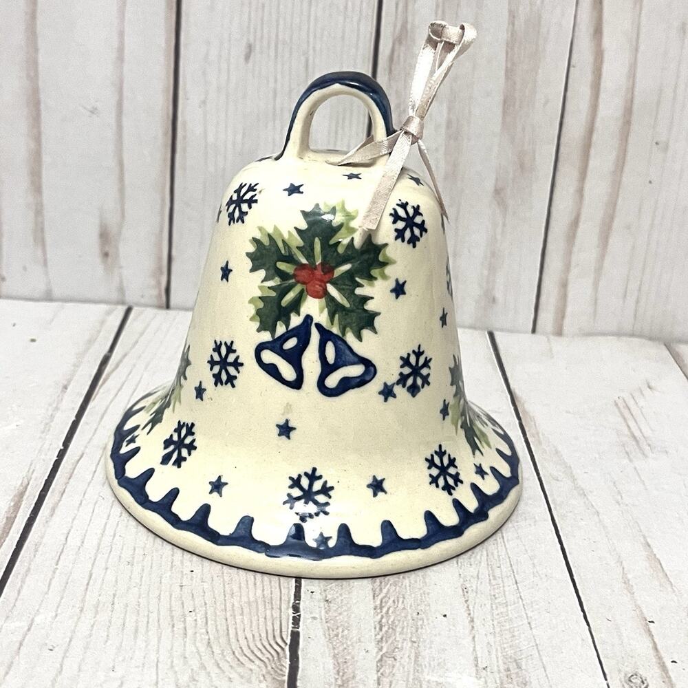 Polish Pottery Bell Holly & Snowflake Design, Christmas Decoration w/sticker